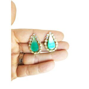 Green Drops Earrings AB Rhinestones & Gold Tone Earrings MCM Clips Earrings